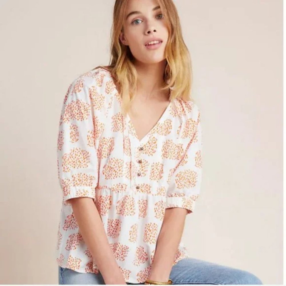 Anthropologie Moglea Danae Poplin Orange White Babydoll Blouse
